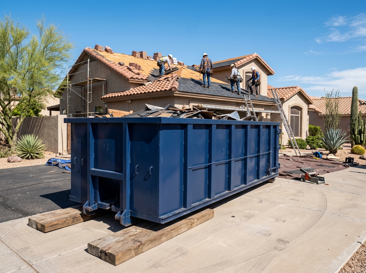 Heavy concrete tile roofing waste dumpster in Scottsdale